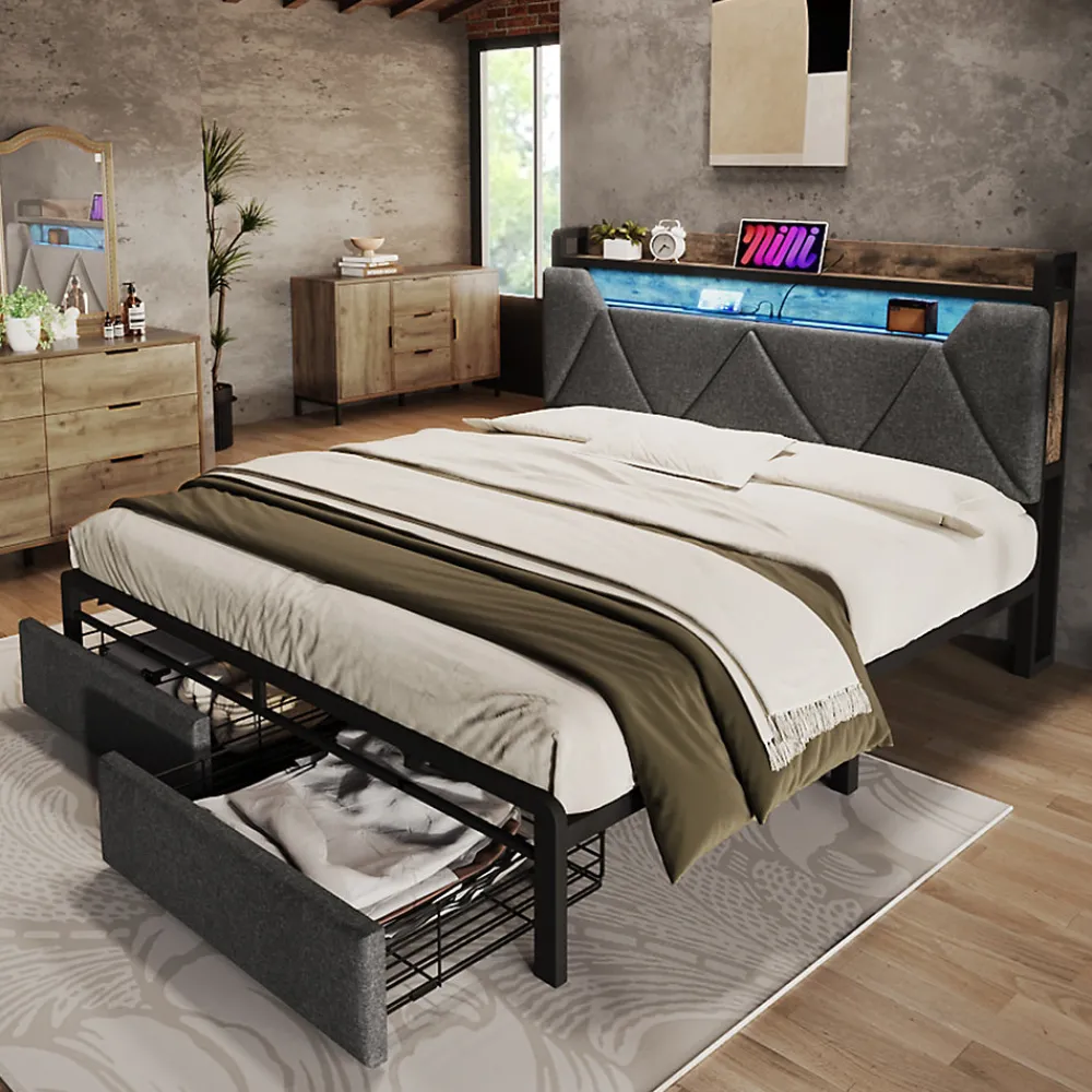 Lit avec rangement 160x200 cm - Lit double rembourré avec tiroirs et fonction de chargement USB - Lin - Sans Matelas - Gris>Okwish Discount