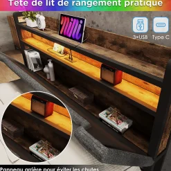 Lit avec rangement 160x200 cm - Lit double rembourré avec tiroirs et fonction de chargement USB - Lin - Sans Matelas - Gris><noscript><img width=