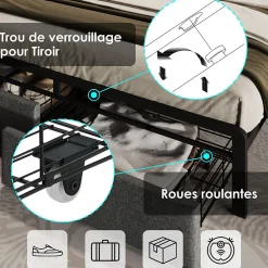 Lit avec rangement 160x200 cm - Lit double rembourré avec tiroirs et fonction de chargement USB - Lin - Sans Matelas - Gris><noscript><img width=