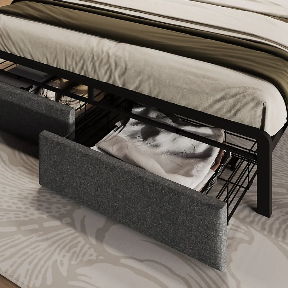 Lit avec rangement 160x200 cm - Lit double rembourré avec tiroirs et fonction de chargement USB - Lin - Sans Matelas - Gris>Okwish Discount