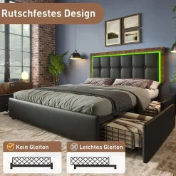 Okwish Lit avec Rangement 140x200 cm - Lit Double Capitonné avec 4 Tiroirs, Bandeau LED et Tête Réglable, Sans Matelas, PU, Noir* Lit Avec Rangement