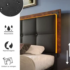 Okwish Lit avec Rangement 140x200 cm - Lit Double Capitonné avec 4 Tiroirs, Bandeau LED et Tête Réglable, Sans Matelas, PU, Noir* Lit Avec Rangement