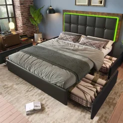 Okwish Lit avec Rangement 140x200 cm - Lit Double Capitonné avec 4 Tiroirs, Bandeau LED et Tête Réglable, Sans Matelas, PU, Noir* Lit Avec Rangement