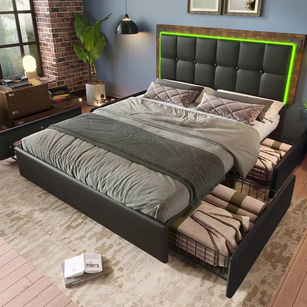Okwish Lit avec Rangement 140x200 cm - Lit Double Capitonné avec 4 Tiroirs, Bandeau LED et Tête Réglable, Sans Matelas, PU, Noir* Lit Avec Rangement