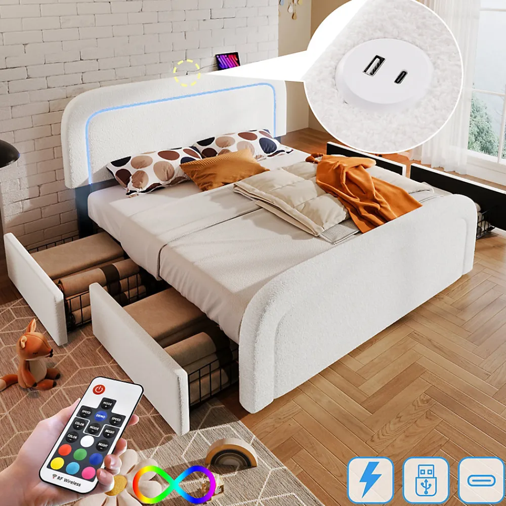 Lit avec rangement 140x200 cm - Lit double rembourré avec 4 tiroirs et fonction de chargement USB - Sherpa - Sans Matelas - Blanc>Okwish Sale
