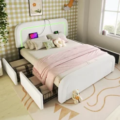 Lit avec rangement 140x200 cm - Lit double rembourré avec 4 tiroirs et fonction de chargement USB - Sherpa - Sans Matelas - Blanc>Okwish Sale