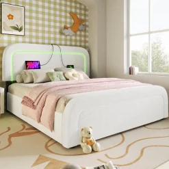 Lit avec rangement 140x200 cm - Lit double rembourré avec 4 tiroirs et fonction de chargement USB - Sherpa - Sans Matelas - Blanc><noscript><img width=