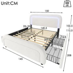 Lit avec rangement 140x200 cm - Lit double rembourré avec 4 tiroirs et fonction de chargement USB - Sherpa - Sans Matelas - Blanc><noscript><img width=