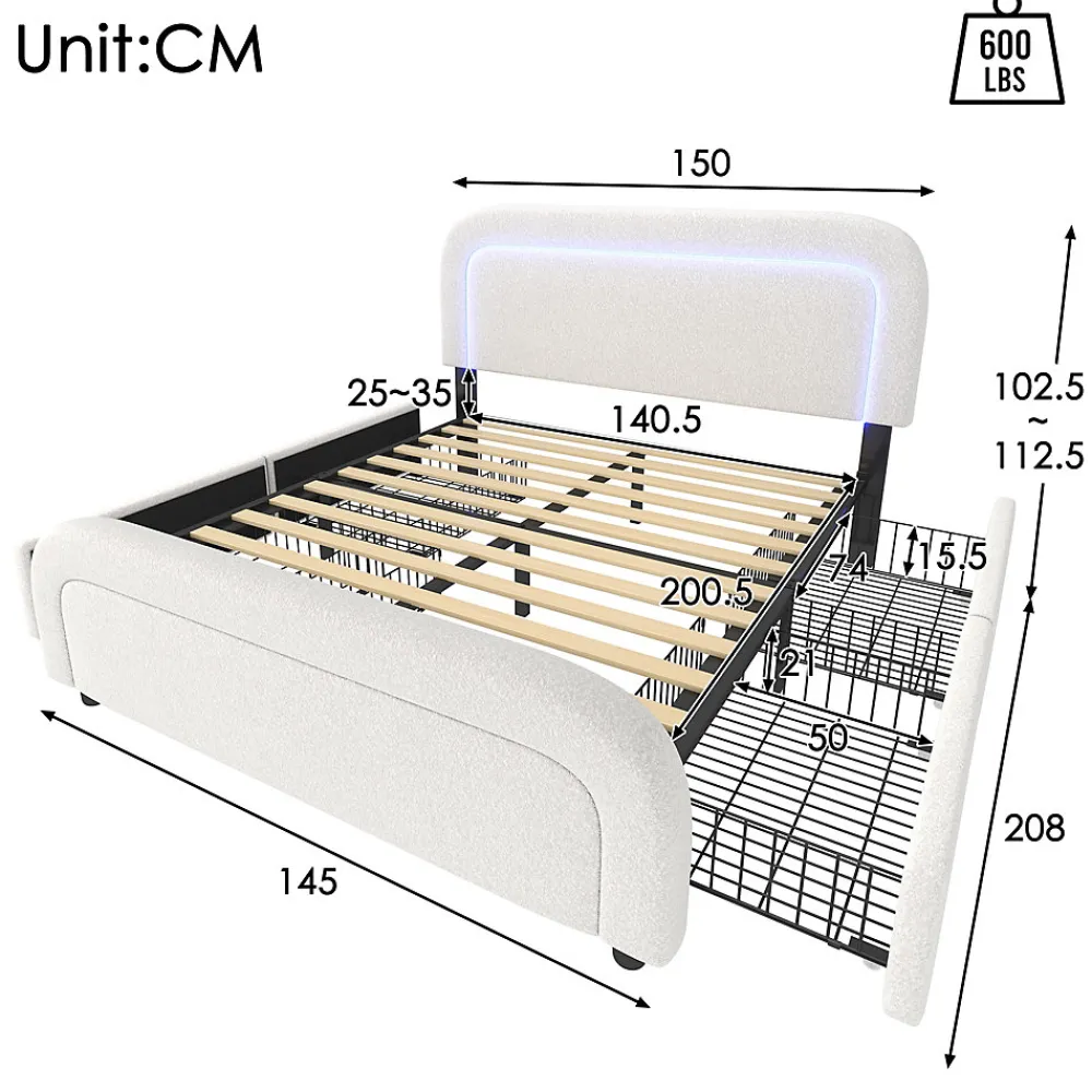 Lit avec rangement 140x200 cm - Lit double rembourré avec 4 tiroirs et fonction de chargement USB - Sherpa - Sans Matelas - Blanc>Okwish Sale