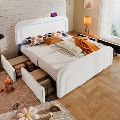 Lit avec rangement 140x200 cm - Lit double rembourré avec 4 tiroirs et fonction de chargement USB - Sherpa - Sans Matelas - Blanc><noscript><img width=