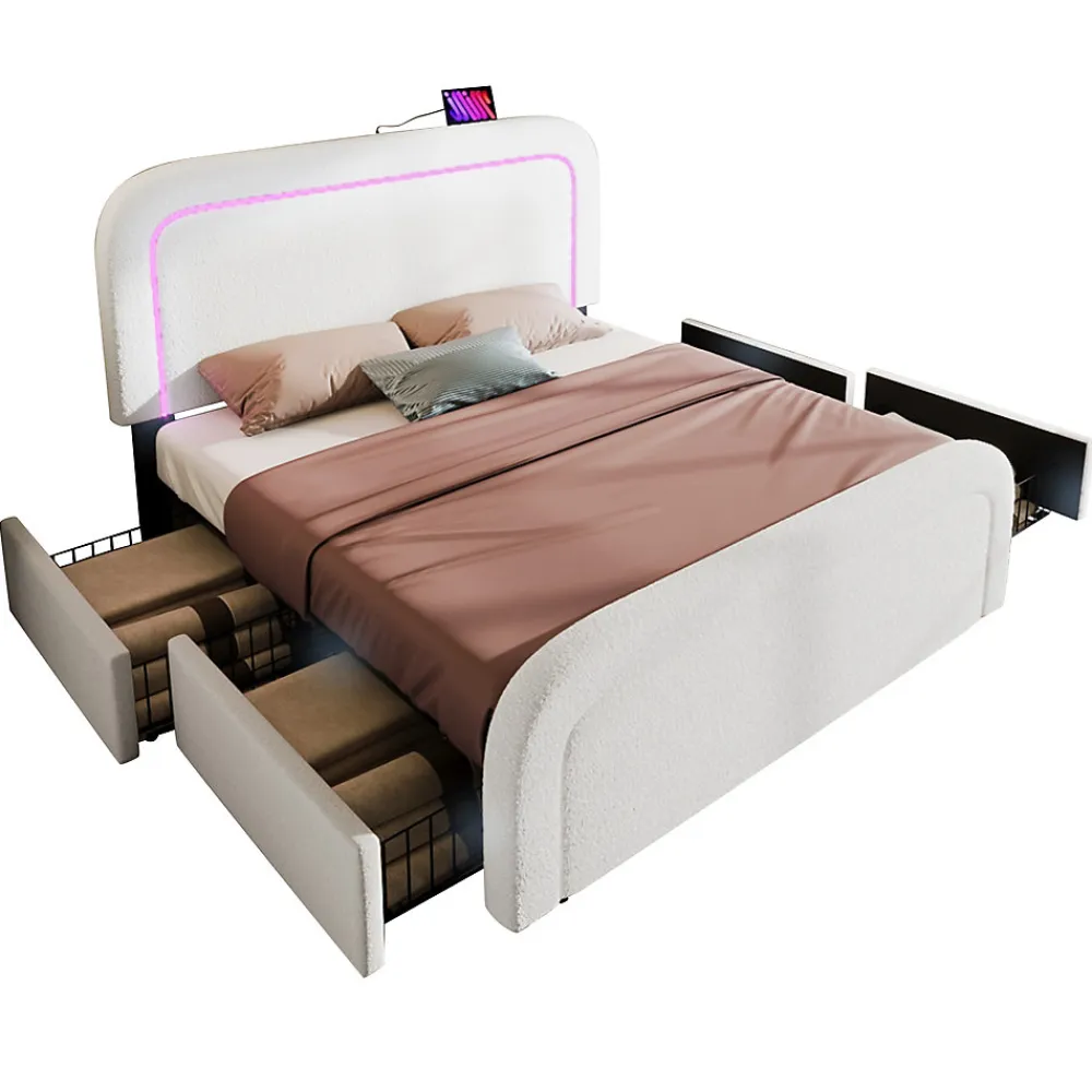 Lit avec rangement 140x200 cm - Lit double rembourré avec 4 tiroirs et fonction de chargement USB - Sherpa - Sans Matelas - Blanc>Okwish Sale