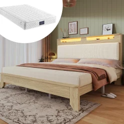 Lit avec Rangement 160x200 cm - Lit Double avec Matelas Inclus, LED et Tête de Lit Corduroy, Chêne Clair et Beige>Okwish