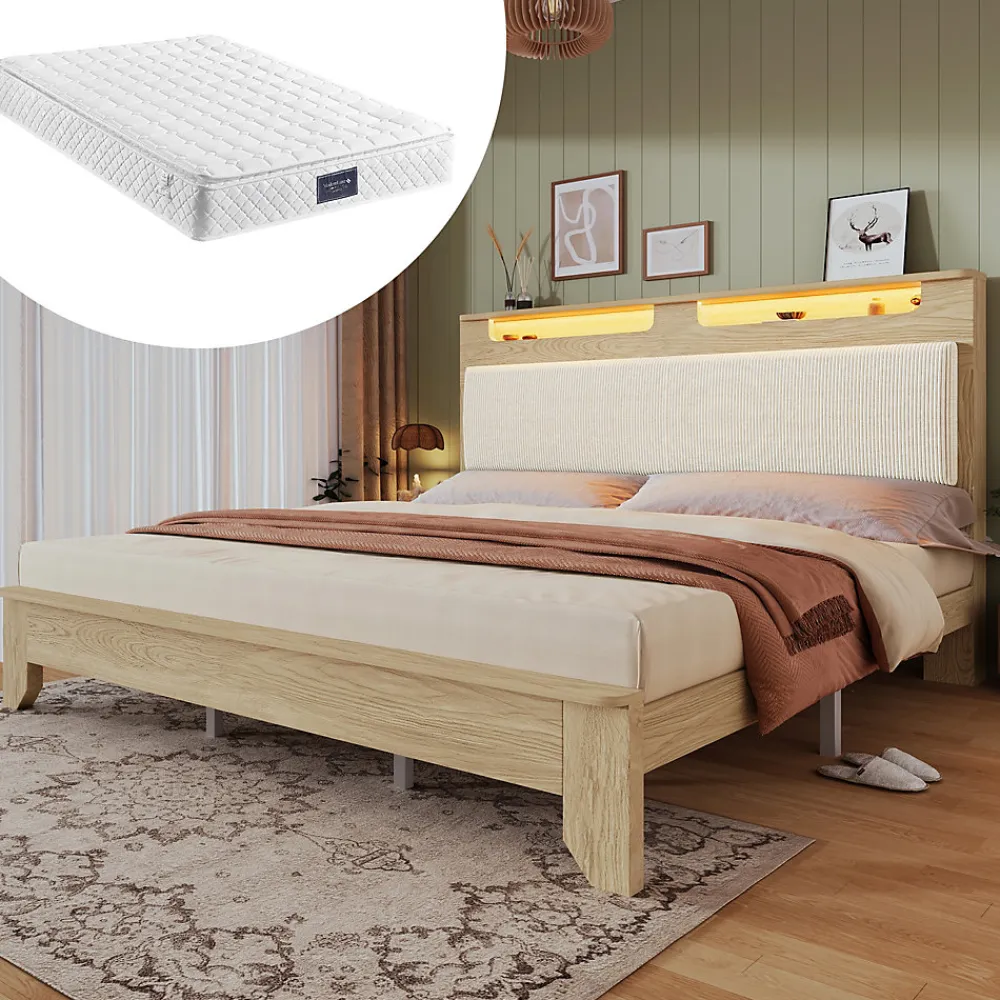 Lit avec Rangement 160x200 cm - Lit Double avec Matelas Inclus, LED et Tête de Lit Corduroy, Chêne Clair et Beige>Okwish