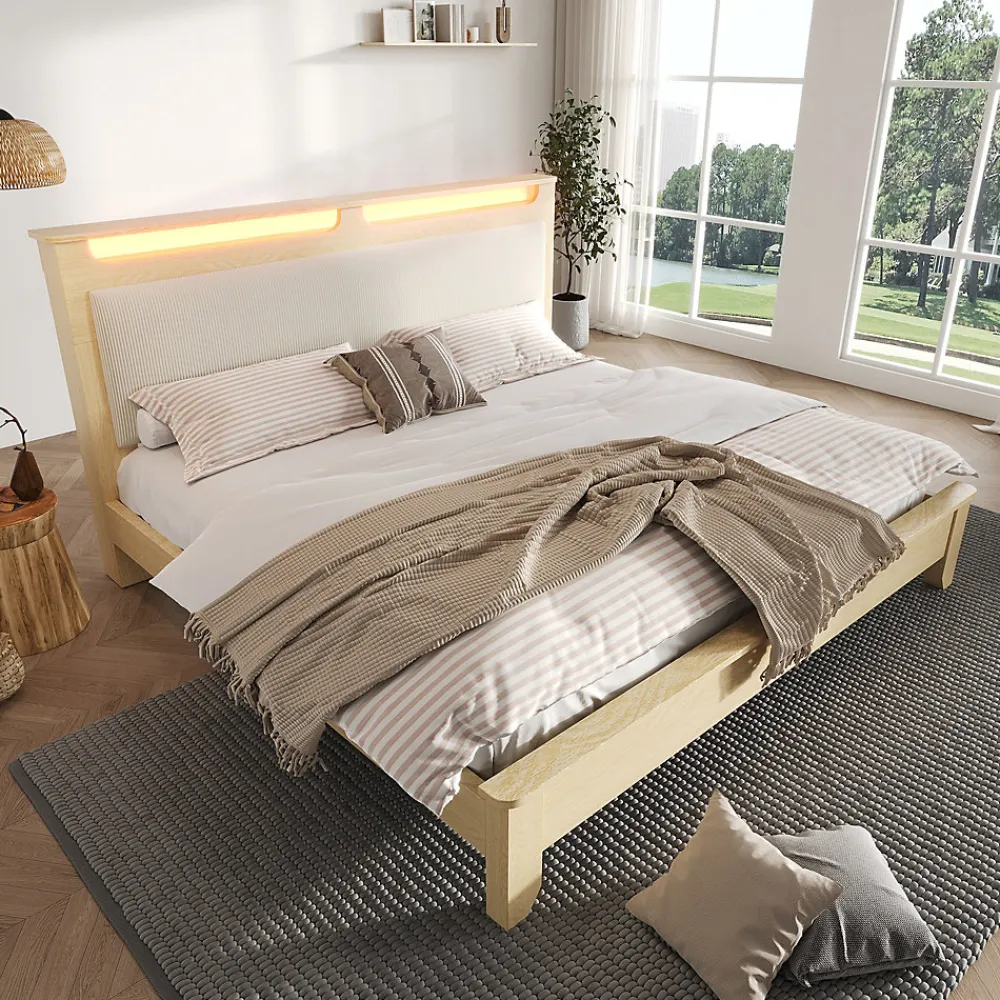 Lit avec Rangement 160x200 cm - Lit Double avec Matelas Inclus, LED et Tête de Lit Corduroy, Chêne Clair et Beige>Okwish