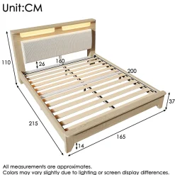 Lit avec Rangement 160x200 cm - Lit Double avec Matelas Inclus, LED et Tête de Lit Corduroy, Chêne Clair et Beige><noscript><img width=