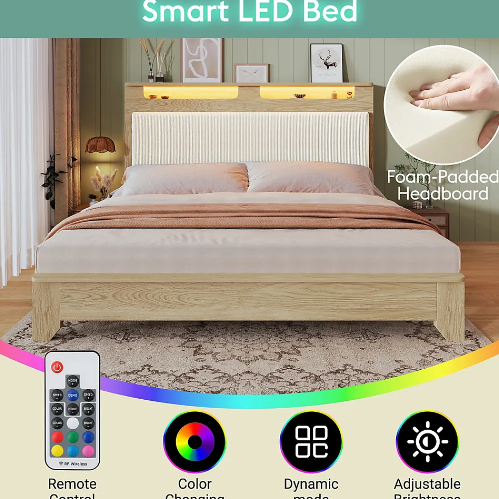 Lit avec Rangement 160x200 cm - Lit Double avec Matelas Inclus, LED et Tête de Lit Corduroy, Chêne Clair et Beige>Okwish