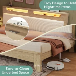 Lit avec Rangement 160x200 cm - Lit Double avec Matelas Inclus, LED et Tête de Lit Corduroy, Chêne Clair et Beige><noscript><img width=