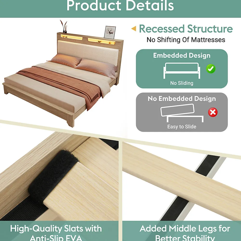 Lit avec Rangement 160x200 cm - Lit Double avec Matelas Inclus, LED et Tête de Lit Corduroy, Chêne Clair et Beige>Okwish