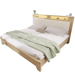 Lit avec Rangement 160x200 cm - Lit Double avec Matelas Inclus, LED et Tête de Lit Corduroy, Chêne Clair et Beige><noscript><img width=