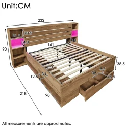 Okwish Lit avec rangement 160x200 cm - Lit double avec tête de lit LED et USB - Bois Massif - Sans Matelas - Chêne* Lit Avec Rangement