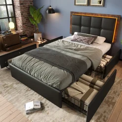Lit avec Rangement 90x200 cm - Lit Simple Capitonné avec 4 Tiroirs, Bandeau LED et Tête Réglable, Sans Matelas, PU, Noir>Okwish Online