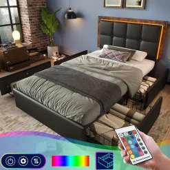 Lit avec Rangement 90x200 cm - Lit Simple Capitonné avec 4 Tiroirs, Bandeau LED et Tête Réglable, Sans Matelas, PU, Noir>Okwish Online
