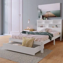 Generique Lit avec rangement 90x200 cm - Lit simple avec tiroirs et tête de lit - Pin massif + MDF - Sans Matelas - Blanc* Lit Simple