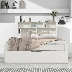 Generique Lit avec rangement 90x200 cm - Lit simple avec tiroirs et tête de lit - Pin massif + MDF - Sans Matelas - Blanc* Lit Simple