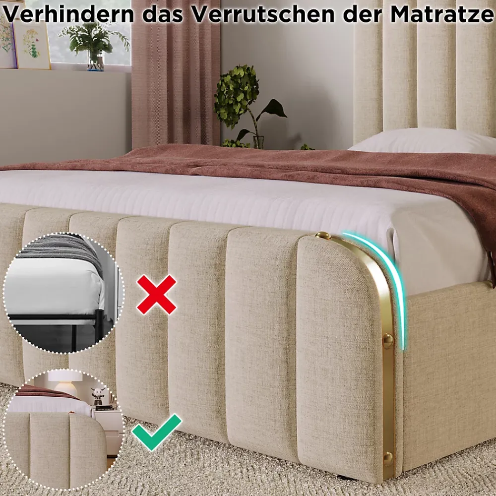 Okwish Lit avec rangement 140x200 cm - Lit double rembourré avec fonction USB Type-C et 4 tiroirs - Lin - Sans Matelas - Beige* Lit Coffre