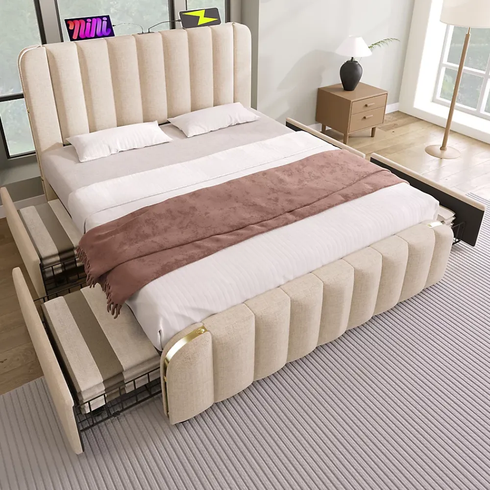 Okwish Lit avec rangement 140x200 cm - Lit double rembourré avec fonction USB Type-C et 4 tiroirs - Lin - Sans Matelas - Beige* Lit Coffre