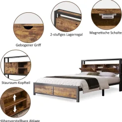 Okwish Lit avec rangement 140x200 cm - Lit double métal avec tête de lit et sommier à lattes - Métal - Sans Matelas - Noir* Lit Avec Rangement