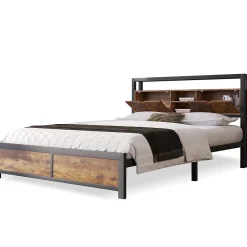 Okwish Lit avec rangement 140x200 cm - Lit double métal avec tête de lit et sommier à lattes - Métal - Sans Matelas - Noir* Lit Avec Rangement