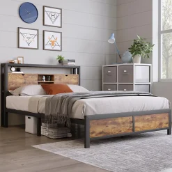 Okwish Lit avec rangement 140x200 cm - Lit double métal avec tête de lit et sommier à lattes - Métal - Sans Matelas - Noir* Lit Avec Rangement