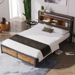 Okwish Lit avec rangement 140x200 cm - Lit double métal avec tête de lit et sommier à lattes - Métal - Sans Matelas - Noir* Lit Avec Rangement