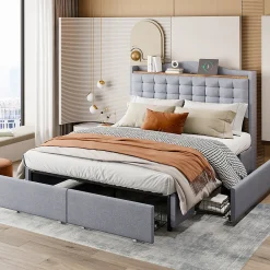 Lit avec Rangement 140x200 cm - Lit Double avec Port USB, Table de Chevet avec 4 Tiroirs, Sans Matelas, Lin, Gris Clair>Okwish