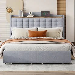 Lit avec Rangement 140x200 cm - Lit Double avec Port USB, Table de Chevet avec 4 Tiroirs, Sans Matelas, Lin, Gris Clair>Okwish