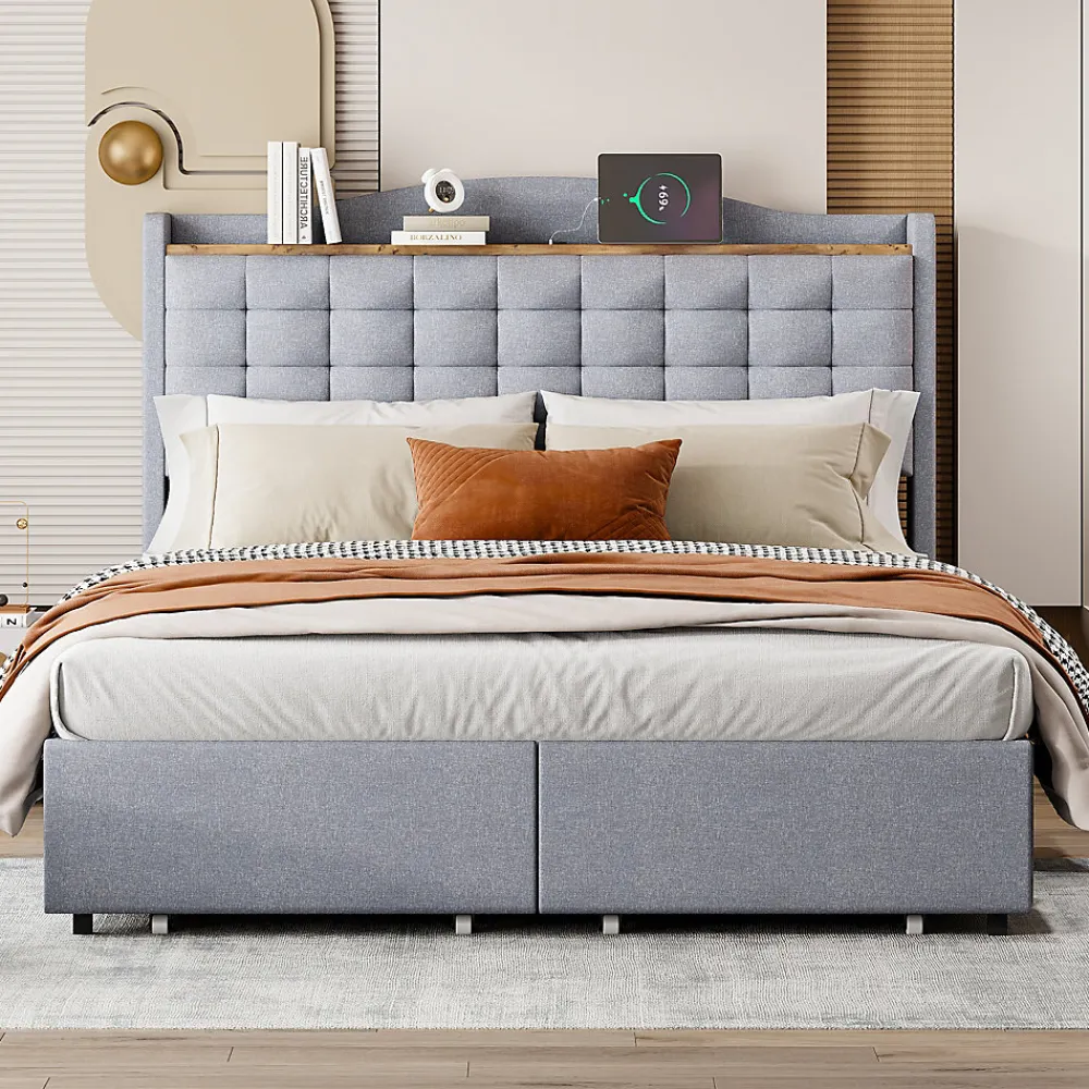 Lit avec Rangement 140x200 cm - Lit Double avec Port USB, Table de Chevet avec 4 Tiroirs, Sans Matelas, Lin, Gris Clair>Okwish