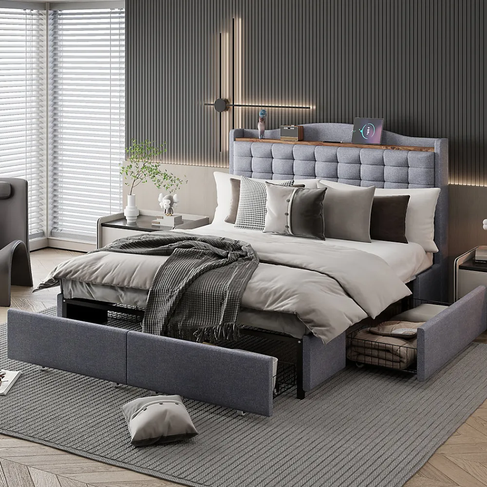 Lit avec Rangement 140x200 cm - Lit Double avec Port USB, Table de Chevet avec 4 Tiroirs, Sans Matelas, Lin, Gris Clair>Okwish