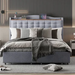Lit avec Rangement 140x200 cm - Lit Double avec Port USB, Table de Chevet avec 4 Tiroirs, Sans Matelas, Lin, Gris Clair><noscript><img width=