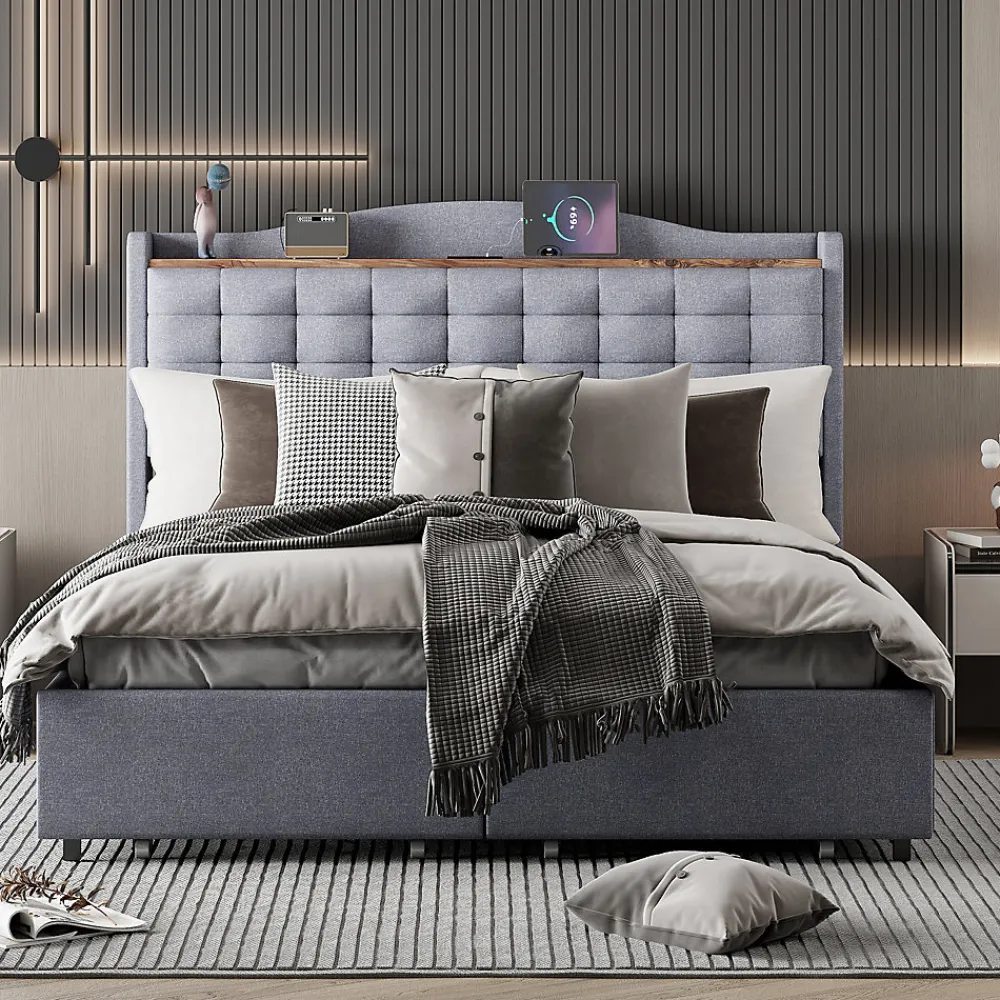 Lit avec Rangement 140x200 cm - Lit Double avec Port USB, Table de Chevet avec 4 Tiroirs, Sans Matelas, Lin, Gris Clair>Okwish