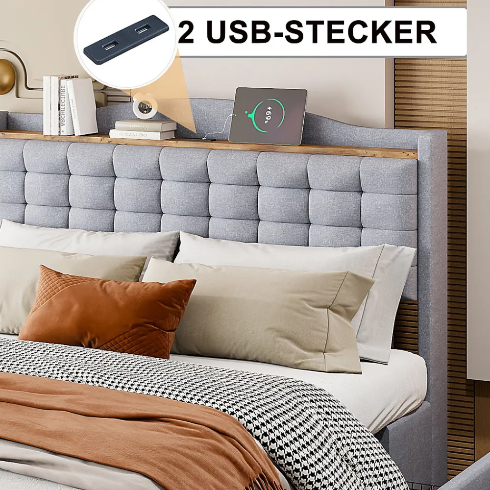 Lit avec Rangement 140x200 cm - Lit Double avec Port USB, Table de Chevet avec 4 Tiroirs, Sans Matelas, Lin, Gris Clair>Okwish
