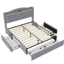 Lit avec Rangement 140x200 cm - Lit Double avec Port USB, Table de Chevet avec 4 Tiroirs, Sans Matelas, Lin, Gris Clair><noscript><img width=