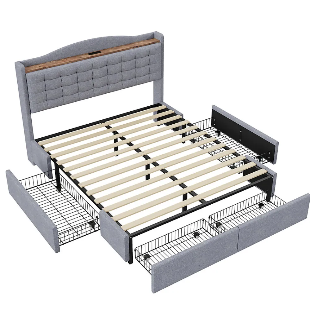 Lit avec Rangement 140x200 cm - Lit Double avec Port USB, Table de Chevet avec 4 Tiroirs, Sans Matelas, Lin, Gris Clair>Okwish