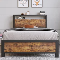 Lit avec rangement 90x200 cm - Lit Simple Cadre de Lit en Métal - avec Sommier à Lattes - Métal - Sans Matelas - Noir><noscript><img width=