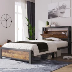 Lit avec rangement 90x200 cm - Lit Simple Cadre de Lit en Métal - avec Sommier à Lattes - Métal - Sans Matelas - Noir><noscript><img width=