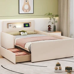 Lit avec rangement 90x200 cm - Lit enfant capitonné avec veilleuse et port USB - Similicuir + Métal - Sans matelas - Beige>Okwish New