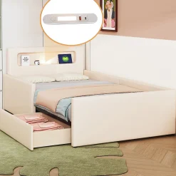 Lit avec rangement 90x200 cm - Lit enfant capitonné avec veilleuse et port USB - Similicuir + Métal - Sans matelas - Beige>Okwish New