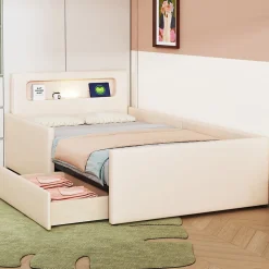 Lit avec rangement 90x200 cm - Lit enfant capitonné avec veilleuse et port USB - Similicuir + Métal - Sans matelas - Beige><noscript><img width=