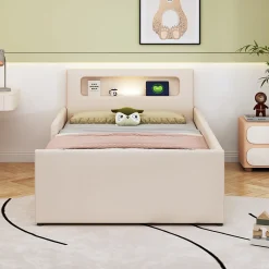 Lit avec rangement 90x200 cm - Lit enfant capitonné avec veilleuse et port USB - Similicuir + Métal - Sans matelas - Beige><noscript><img width=
