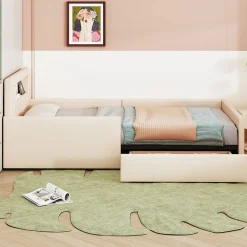 Lit avec rangement 90x200 cm - Lit enfant capitonné avec veilleuse et port USB - Similicuir + Métal - Sans matelas - Beige><noscript><img width=